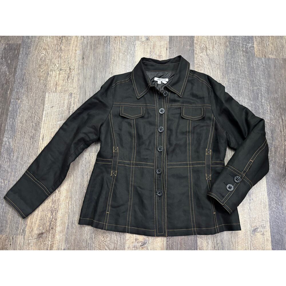 Appraisal‎ Womens Black Linen Blend Contrast Stitch Button Front Jacket Size 14